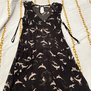 Vintage 2000s Elegant Black and Cream Silk Patterned Dress